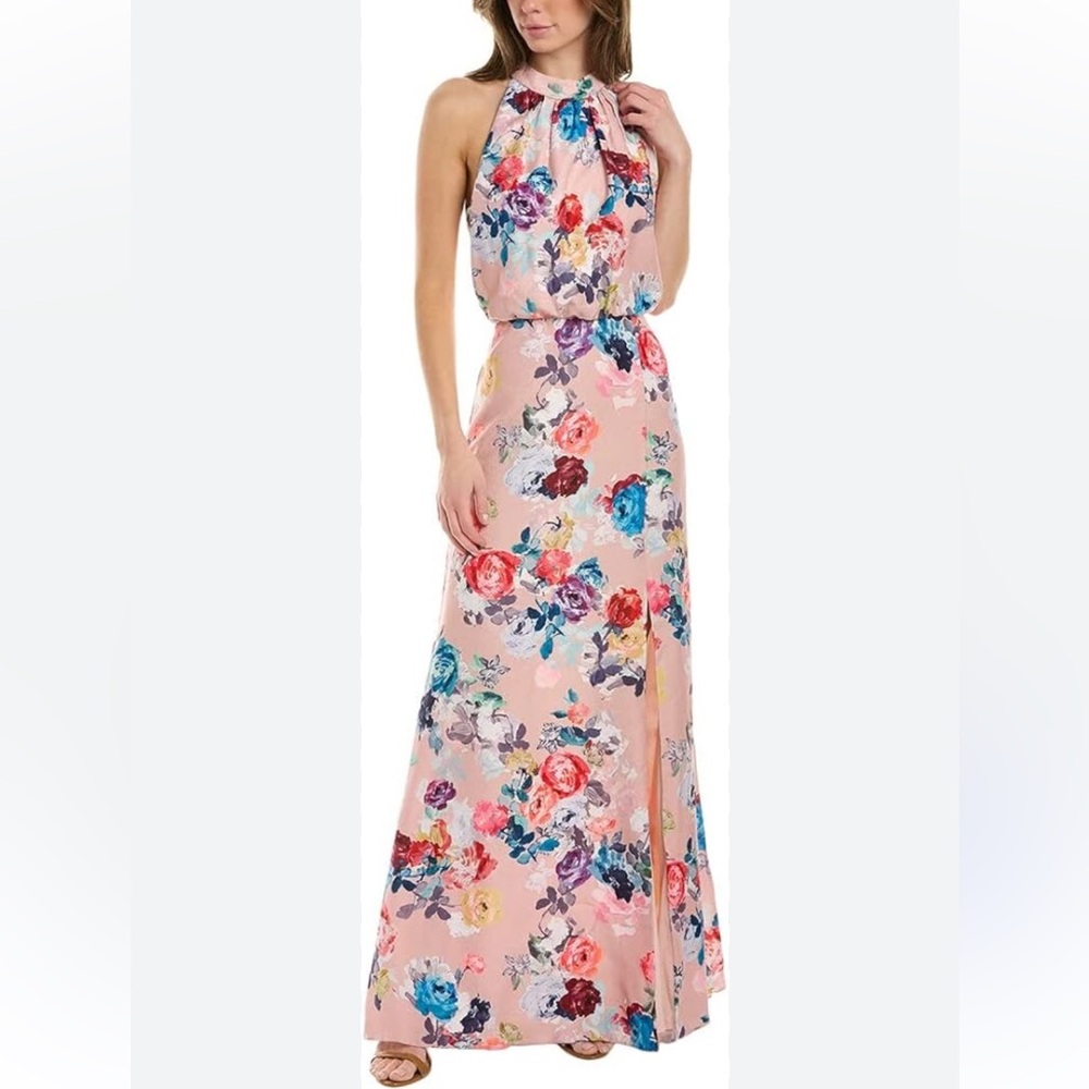 Adrianna Papell Women's Floral Satin Jacquard Gown Blush Multi NWT 16